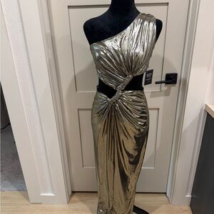 JLUXLABEL Metallic Gold One-Shoulder Dress